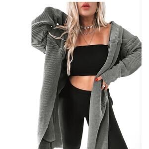 Peeby Forevee So Comfy Side Slit Rib Knit Cardigan Gray Stone Size S/M